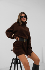 Oversize Balıkçı Yaka Triko Tunik - Kahve